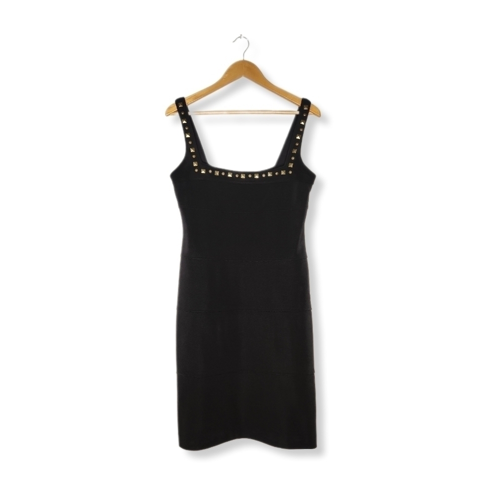 Vintage Cache Bronze Studded Bandage Black Fitted Cocktail Dress Size 12